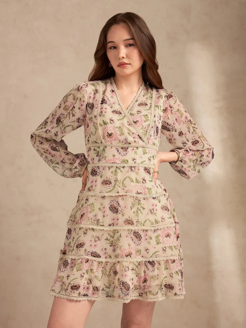 Outzidr  Multi Floral Printed Dress With Lace Detailing for Women | Best Price UAE
